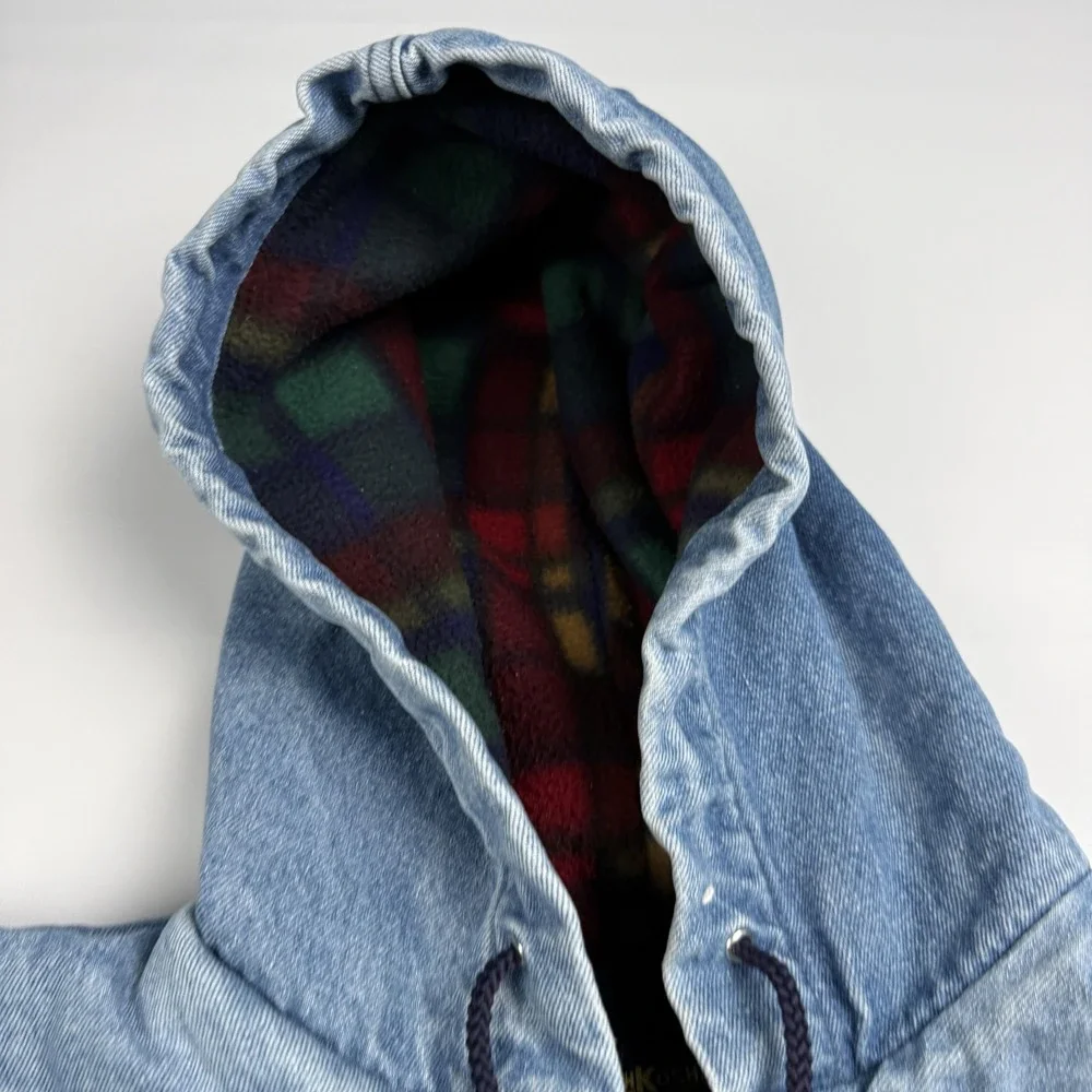 OshKosh Jacket Men's L Blue Denim Hooded Fleece Lined Bomber Plaid Zip Winter